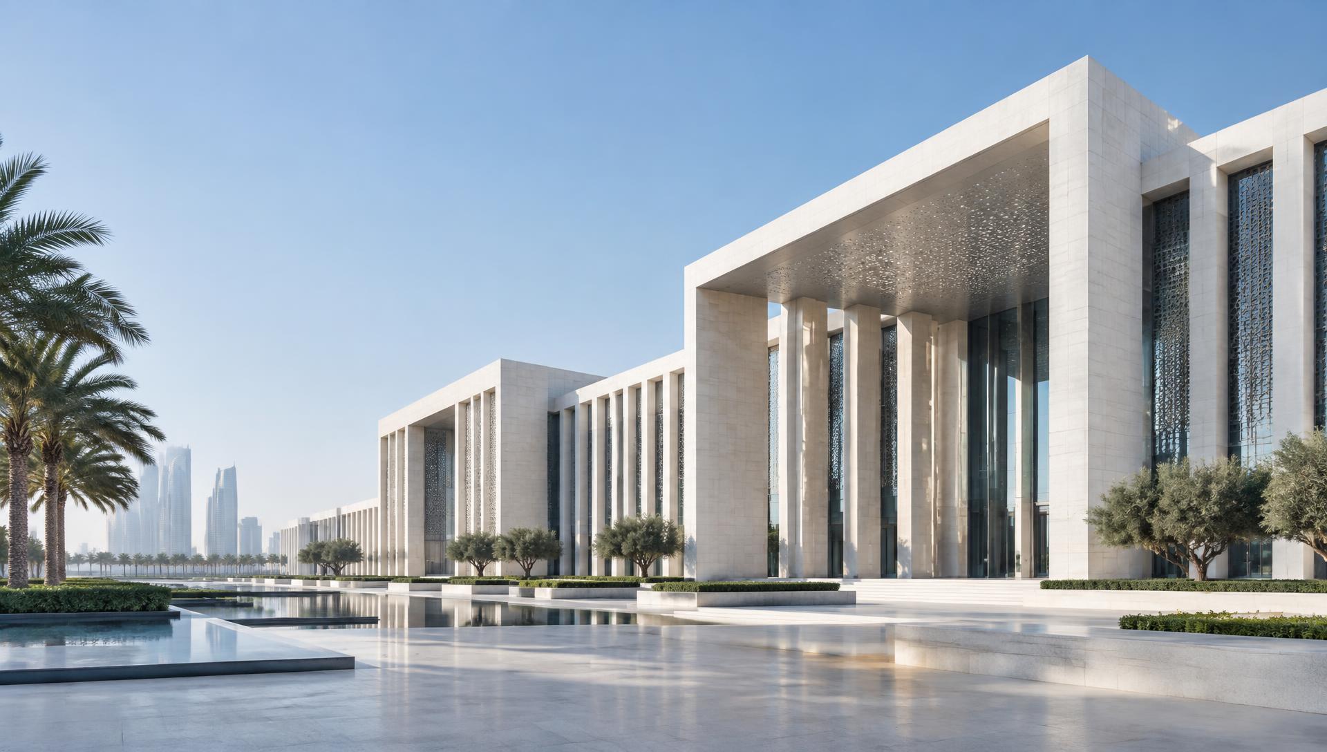 Contemporary architecture overlooking a Middle Eastern skyline